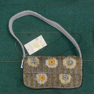 Beaded Metallic Floral Shoulder Bag